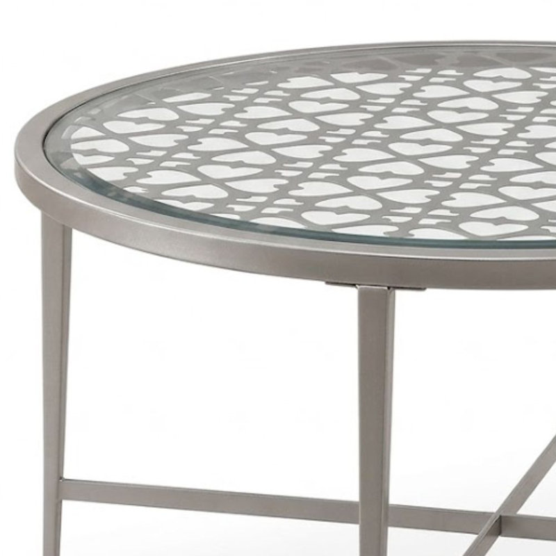 Aciamae 33 po Table basse ronde en verre argenté avec motif décoratif et base en forme de X