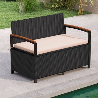 Outdoor Storage Bench with Cushion Backrest & Acacia Wood Armrests Hidden Storage Black + Beige