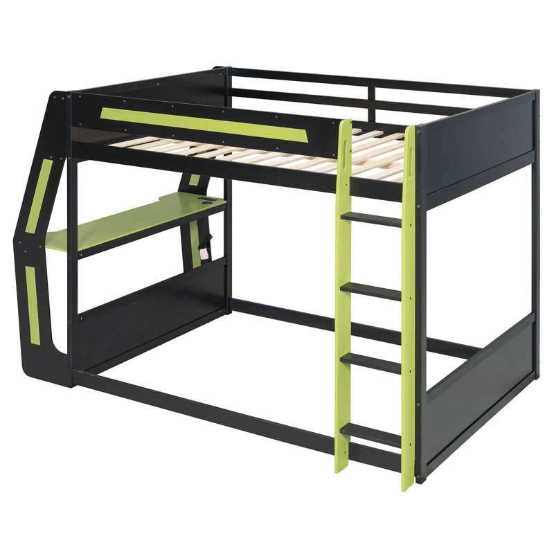 Lit superposé double au dessus d'un lit double avec bureau d'ordinateur éclairé, prises de courant et tablettes de rangement