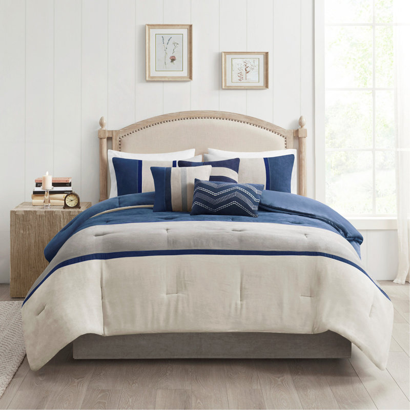 King Size Blue Faux Suede Comforter Set, 7 Piece Soft Luxury Bedding Set with Pillowcases & Sheets, Blue Patchwork
