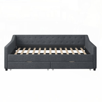 Daybed with Drawers Upholstered Tufted Sofa Bed Featuring Button-Tufted Back and Piping on Waved Shape Arms