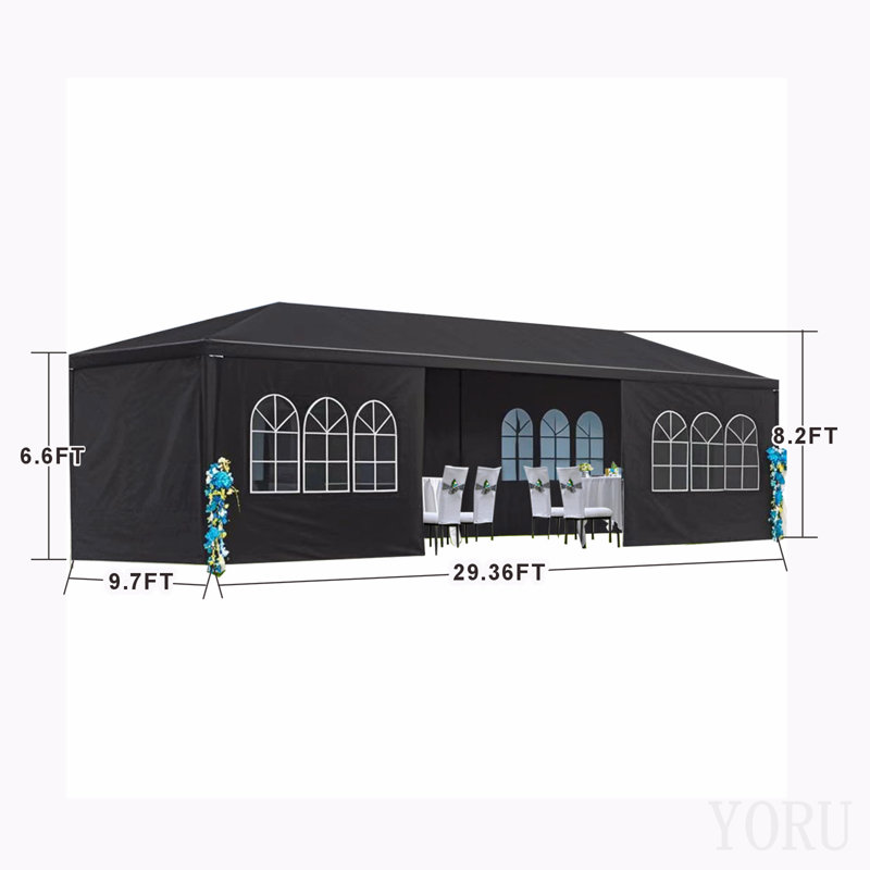 Pavillon de jardin 10 pi x 30 pi avec 8 parois latérales amovibles, Black