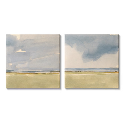 " Cloudy Field Nature Landscape Watercolor Collage " by Victoria Barnes 2 - Pieces