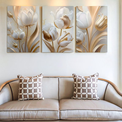 Ensemble de 3 grandes décorations florales avec tulipes en or et blanc, trois pièces pour le salon, la chambre à coucher, le bureau et la maison