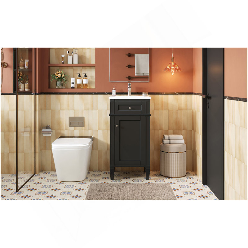 Ensemble de meuble-lavabo sur pied 16 po avec lavabo en céramique, ensemble de meuble-lavabo simple autoportant avec porte à fermeture douce, tablette réglable, style français, pieds, noir