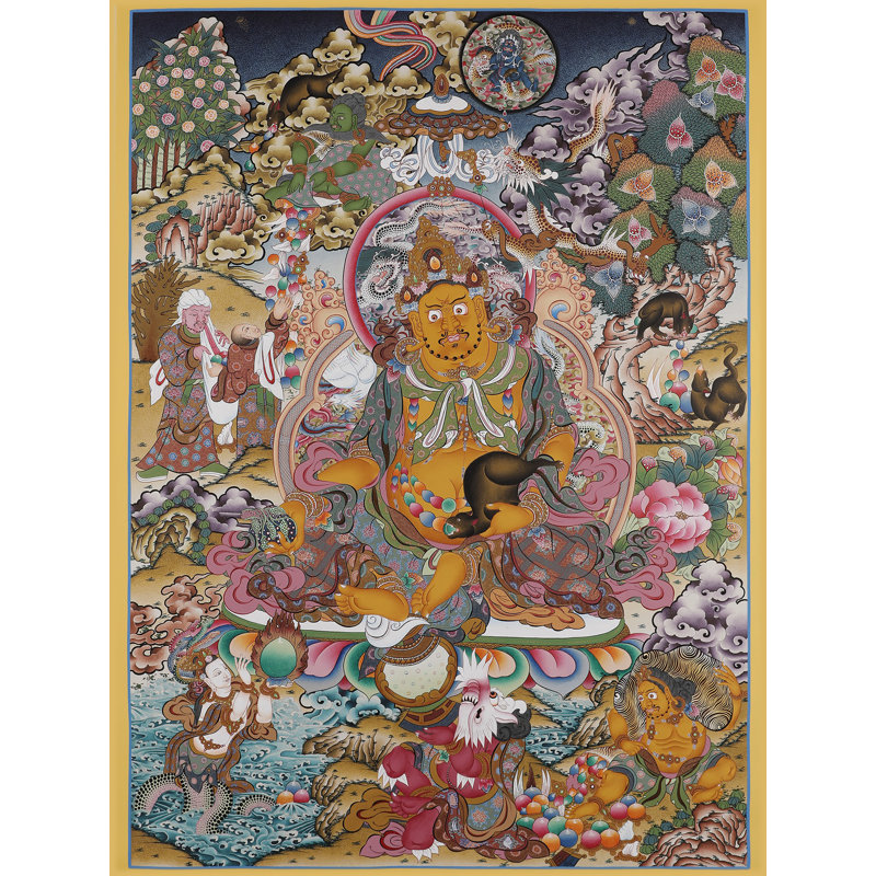 Thangka «Kubera - dieu tibétain de la richesse» peint à la main | Toile de coton H 35,4 po x l 25,6 po accentuée d'une feuille d'or 24 carats