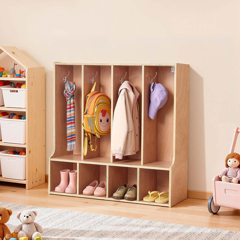 4-Section Kids Coat Locker, Wooden Toddler Cubby Storage Organizer with 8 Hooks & Non-Slip Mat, Modern Kid Coat Cubbies with 4 Small Open Storage Boxes for Home, Kindergarten, Daycare, Natural