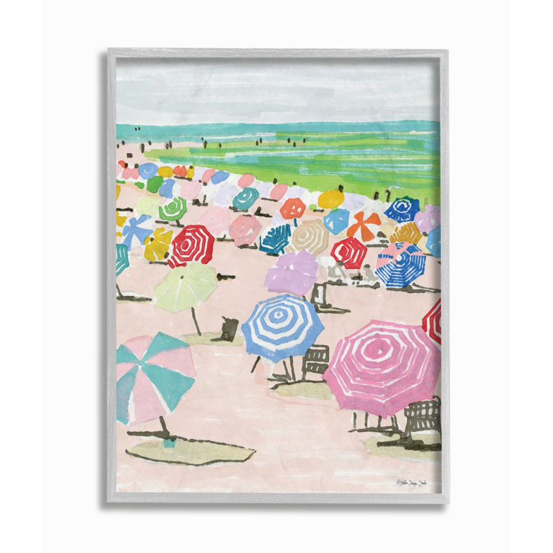 Pastel Umbrella Fillé Beach Landscape - impression d'art graphique, Estampe numérique Farmhouse, H 14 po x l 11 po x P 1,5 po