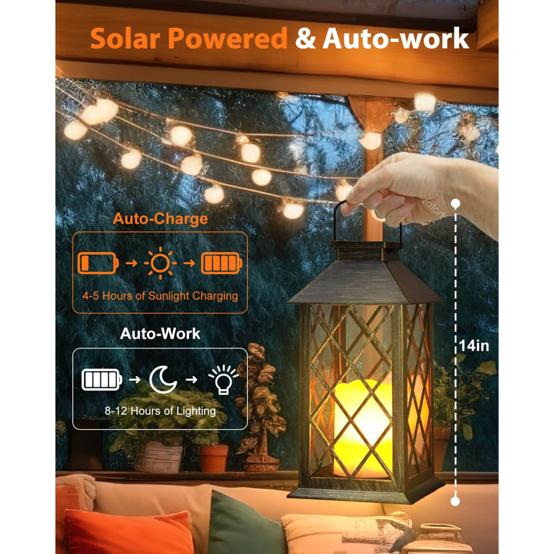 Solar Lanterns Outdoor Waterproof, 2 Pack 14" Solar Lantern With Glass Retro LED Flickering Flameless Candle,Lanterns Decorative Outdoor For Gift, Yard, Garden, Patio, Balcony,Porch, Party