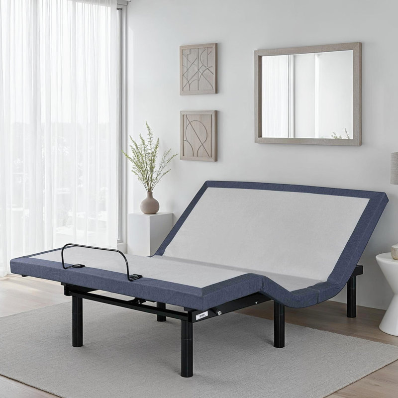 Base de lit réglable offrant un positionnement complet de la tête et des pieds, un massage apaisant du corps, 2 positions de mémoire, une touche de réinitialisation à plat. Taille bleu gris acier avec réglages, fonction de ronflement relaxant, 3
