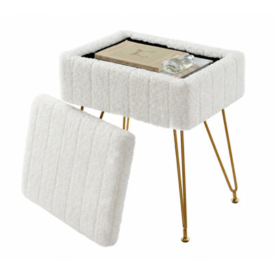 Vanity Stool with Storage, Faux Fur Ottoman with Metal Legs and Anti-Slip Feet, 15.7 x 11.8 x 18.7 Inches Soft Furry Padded Seat Foot Rest for Makeup Bedroom Living Room