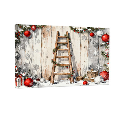 Christmas Wooden Ladder Christmas Decorations Snowflakes Ornaments Garland Gift Box Set of 3 Canvas Wall Art Prints