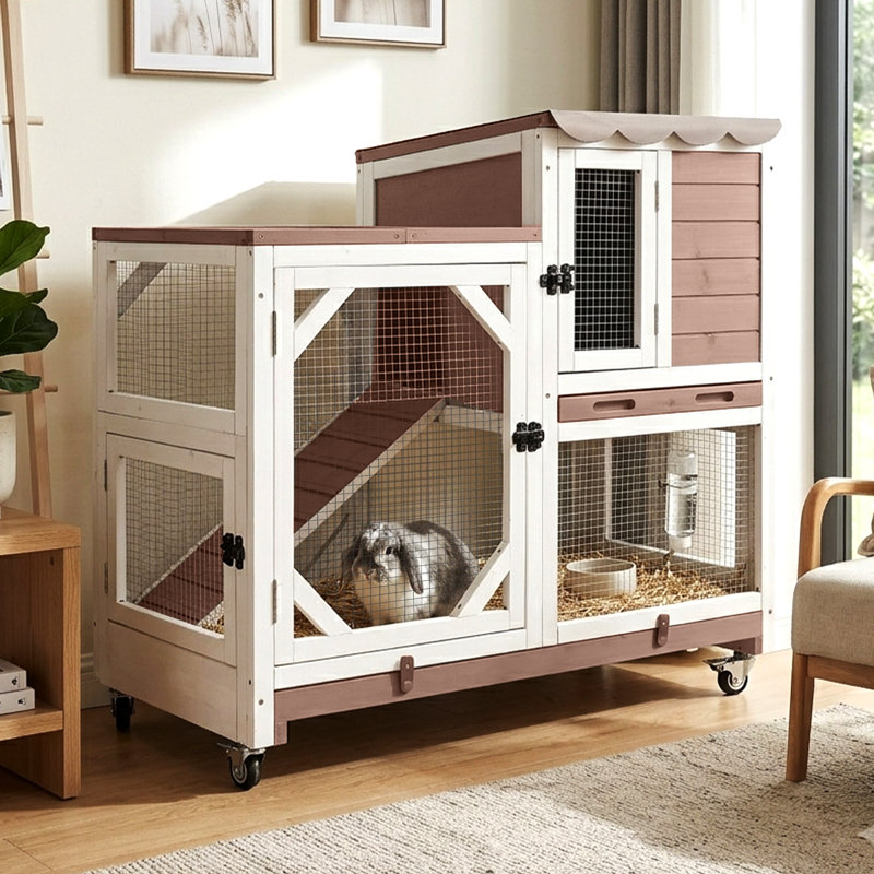 Archie & Oscar™ Rabbit Cage Indoor Outdoor Bunny Hutch on Wheels, 2 Story Wood Guinea Pig Cages with 2 Deeper Pull Out Trays