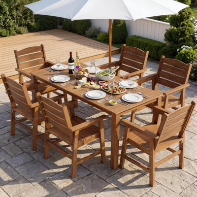 Ensemble de salle à manger d'extérieur toutes saisons de 7 pièces avec ensemble de parasol et cadre en aluminium Ensemble de salle à manger d'extérieur pour 6 personnes pour cour arrière / porche / terrasse, 1 table, 6 chaises, teck