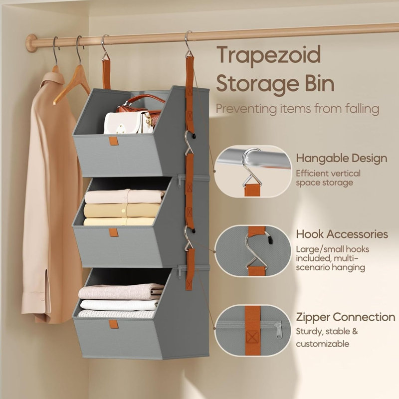 3-tier Hanging Closet Organizer With Hooks Grey