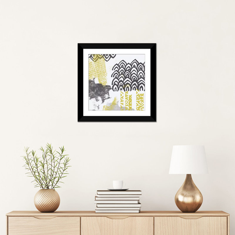 « block print abstract i », reproduction d’art sur toile tendue, H 16 po x l 16 po x P 1 po, Papier avec cadre noir, Blanc