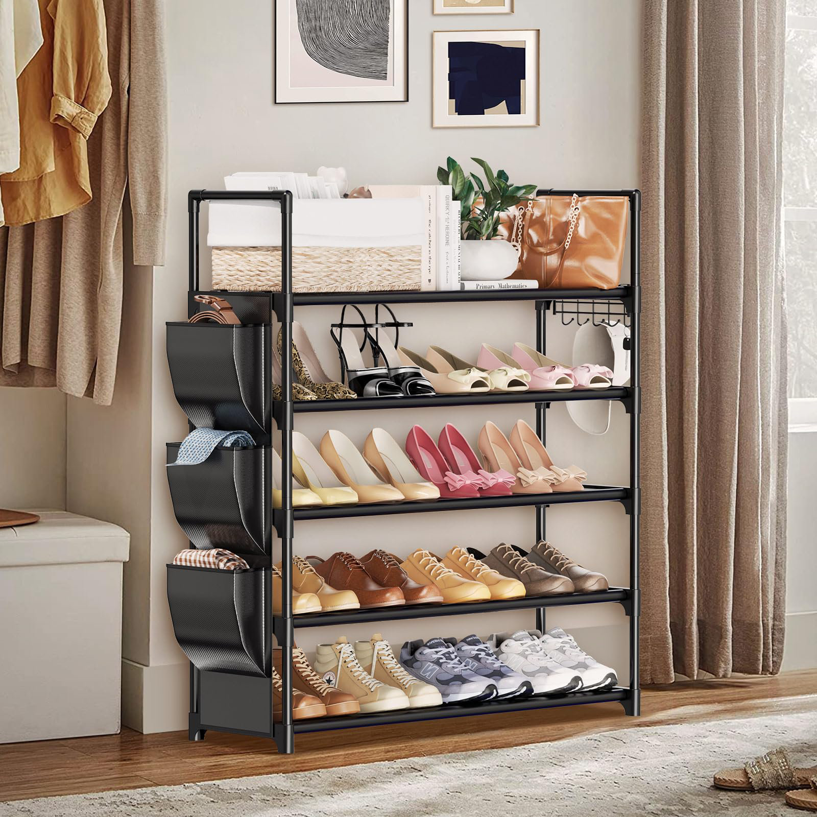 Rebrilliant 5-Tier Shoe Rack With Hooks And Side Pockets, Stores 20-25 ...