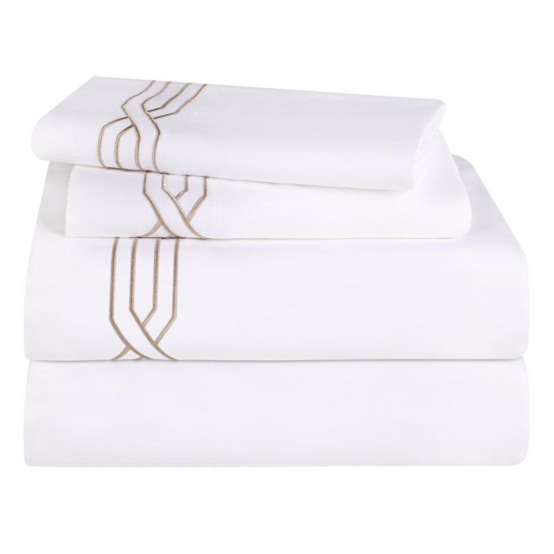 Ensemble de draps 100% coton 1200 fils à broderie géométrique 1200 fils, Blanc / taupe, Grand