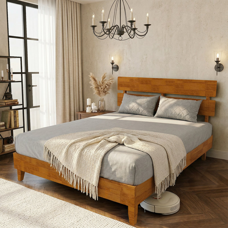 Solid Wood Platform Bed Frame , Queen Bed Frame With Headboard Included, Mid Century Modern Bed, Caramel, Brown, Queen