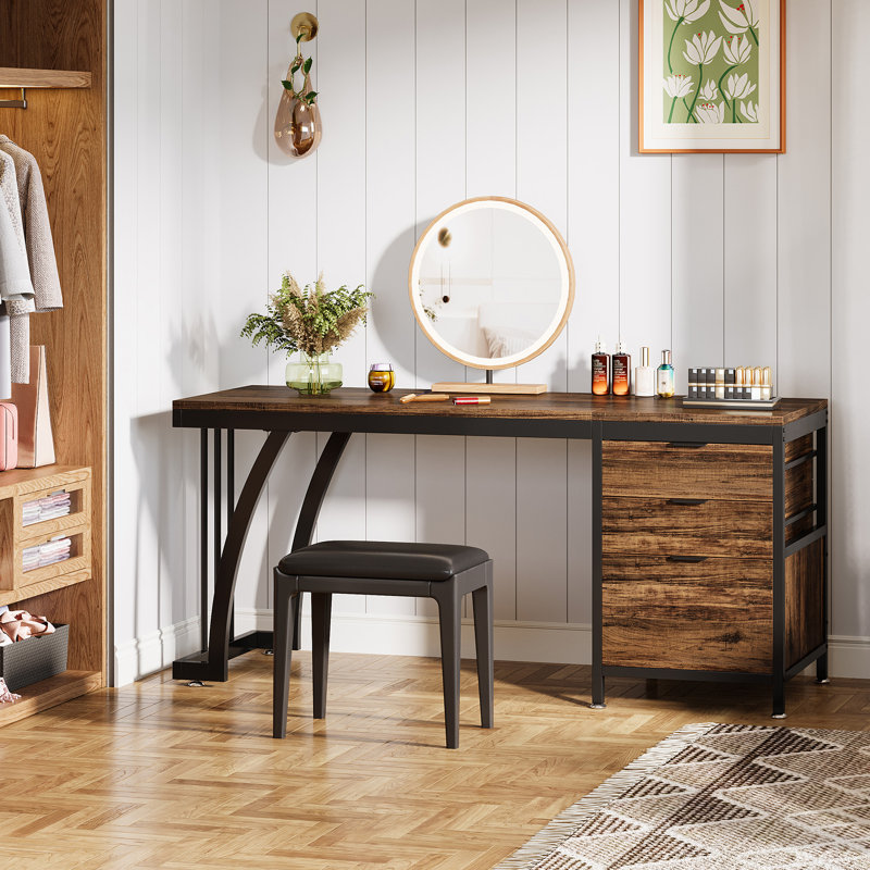 Kiyanni 59'' Vanity Desk with 3 Drawers, Rustic Brown/Black