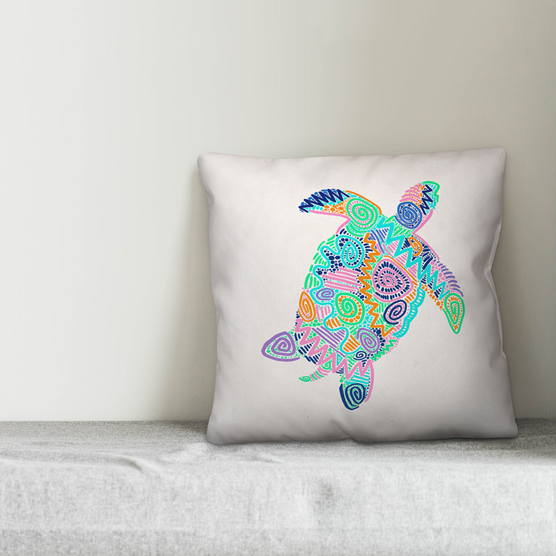 Coussin de tortue multicolore brillant, Carré 16 po, Housse de coussin seulement - sans coussin