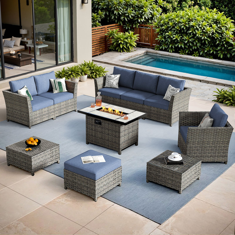 Ignatz 10 - Piece Patio Furniture Set With Cushions, Denim Blue