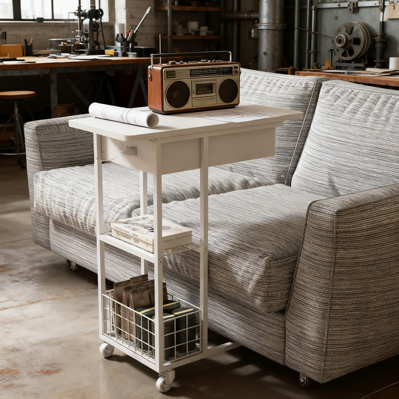Table de bout en C avec station de charge, table d'appoint rabattable avec ports et prises USB, tablette de rangement pour le salon et la chambre à coucher