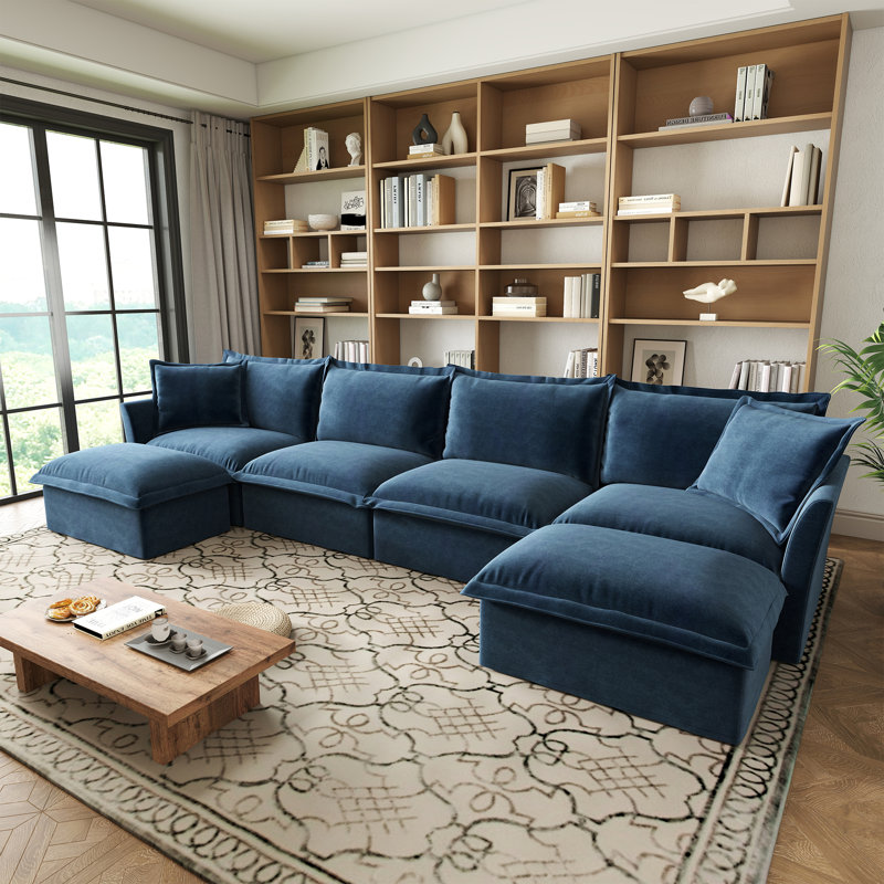 U Shape Sectional Wide And Deep Seat Sofa Couch, 4 Seater Sofa,Cloud Couch For Living Room, Apartment, Fabric, Blue Chenille
