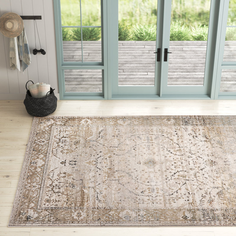 Large Gray and Beige Oriental Viscose Area Rug