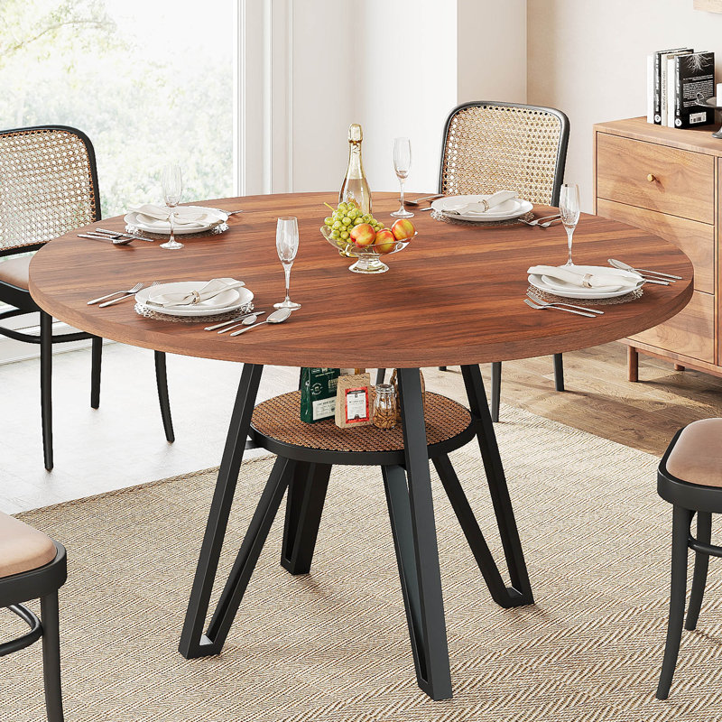 47.2 Inch Round Dining Table For 4, Kitchen Table With Rattan Storage Shelf, Walnut, Walnut