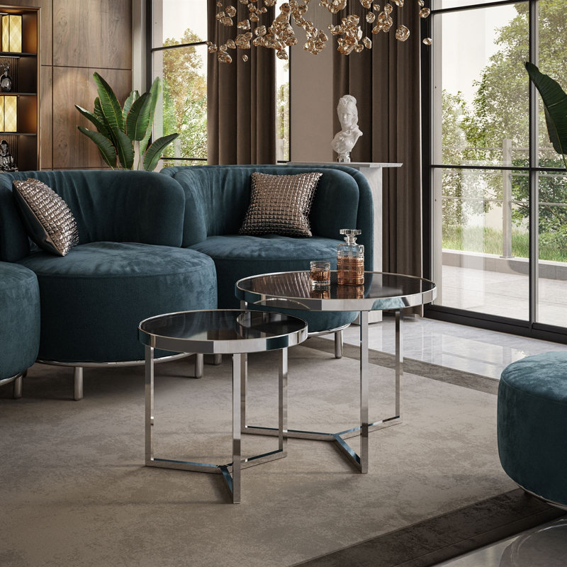 Atsumi 2 Piece Coffee Table, Chrome, Black Glass