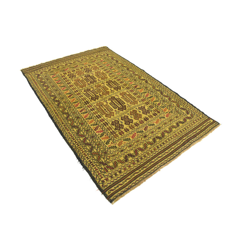 Tapis beige en laine 4 pi x 6 pi 4 po one-of-kind à la main noué la Warminster