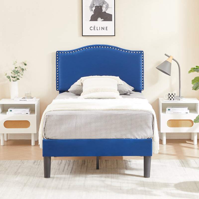Structure de lit tapissier Auxter, Bleu foncé, Simple