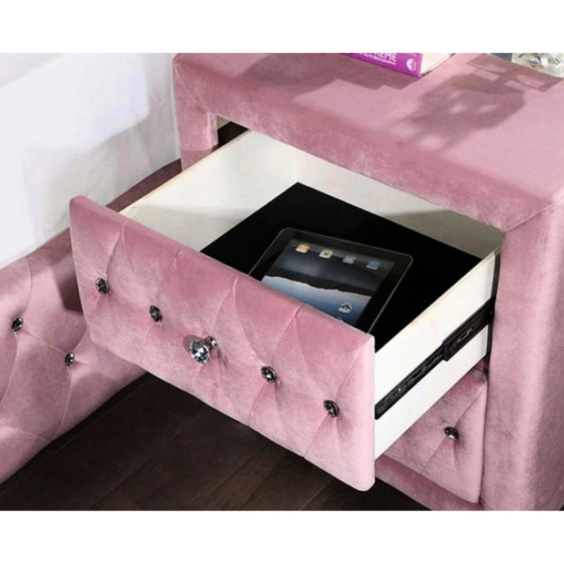 Mobilier de chambre rose Alise: table de chevet 2 avec texture veloutée et boutons en cristal