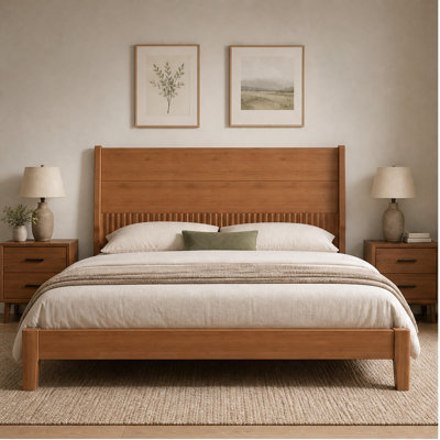 Cadre de lit plateforme en bambou massif Queen Size avec tête de lit haute et sommier à lattes – aucun sommier tapissier requis, brun