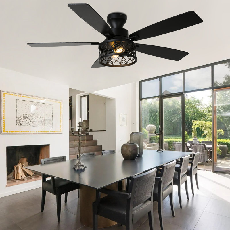 52" Flush Mount Ceiling Fans With Lights And Remote Control, Black Caged Low Profile 5-Blade Farmhouse Ceiling Fan
