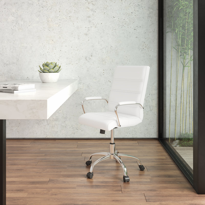 Whitney Ergonomic Upholstered Mid-Back Swivel Office Chair, Chrome, White Faux Leather