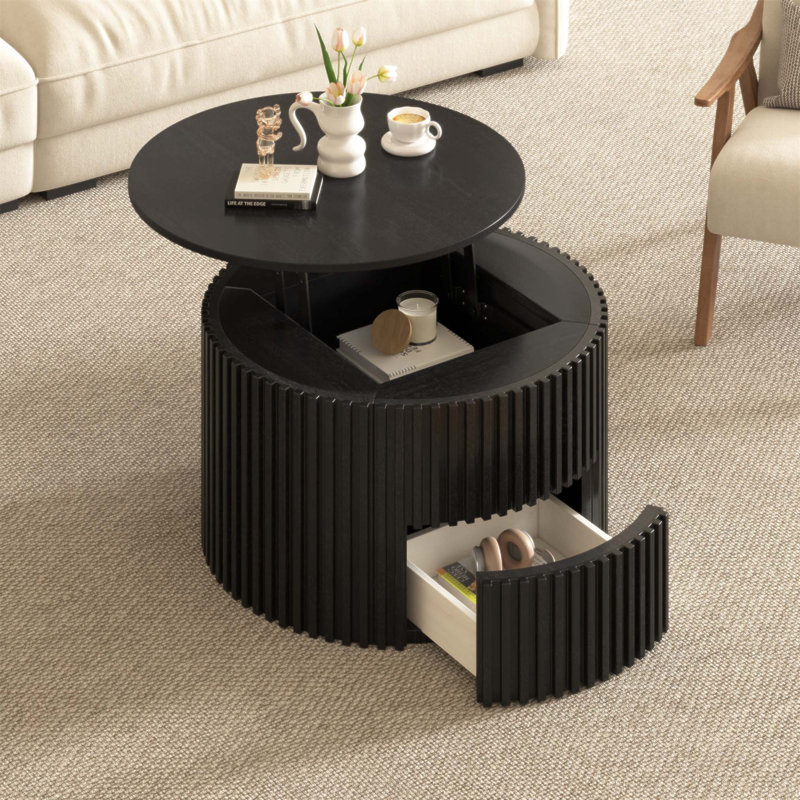 Table basse ronde à plateau relevable, décor moderne en bois cannelé avec rangement caché pour le salon, durable et élégant