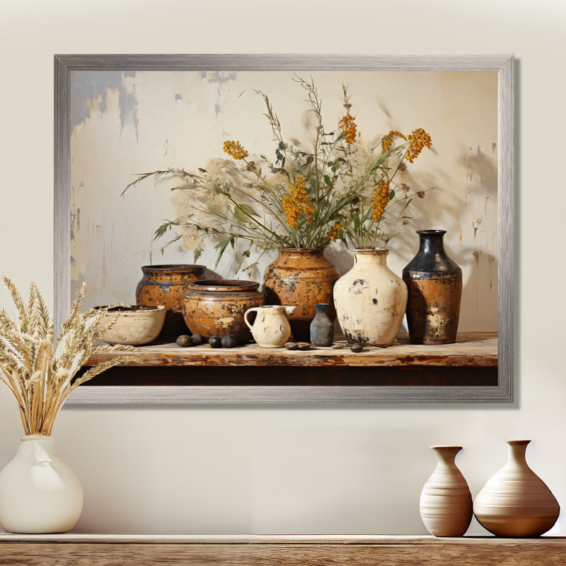 Art floral brun sur poterie rétro, H 24 po x l 32 po, Argent argent, Impression encadrée