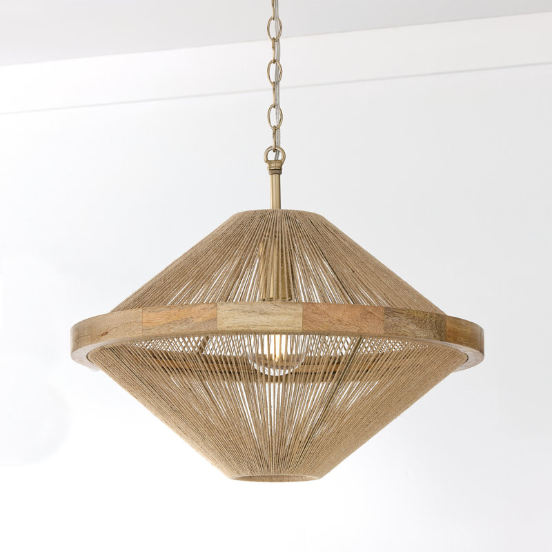 19.75W x 16.25H 1-Light Dual Mount Pendant in Matte Brass with Mango Wood and Handwrapped Jute Rope