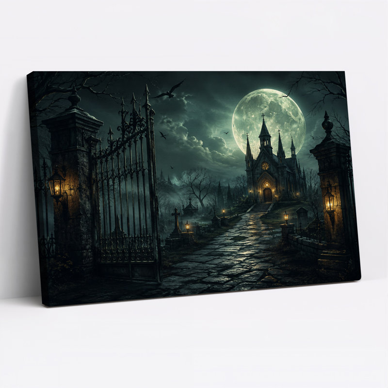 Toile de fer, porte gothique et église gothique sous une grande lune, 16"H x 24"W