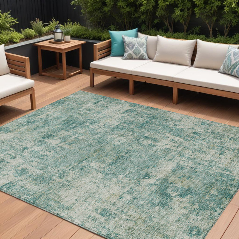 Tapis d'extérieur lavable bleu sarcelle et beige abstrait 10 pi x 14 pi