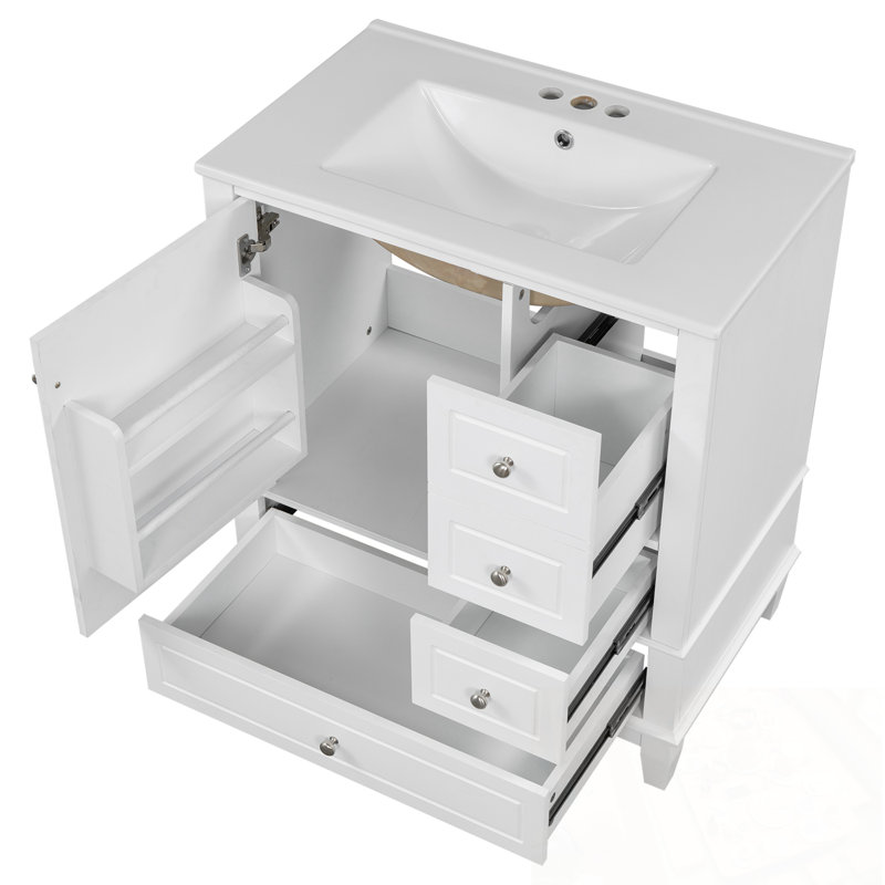 Meuble-lavabo avec lavabo, tablette et trois tiroirs, Blanc