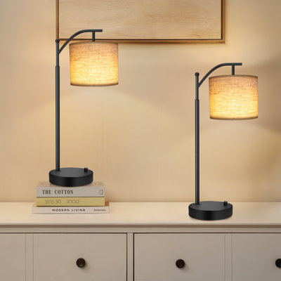 Veradi 23” Modern Arched Small Table Lamp with Bulb,Rotary Dimmer Switch Desk Lamp with with Adjustable Shade（Set of 2)