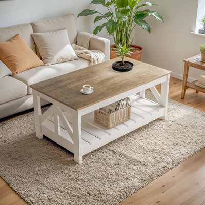 2-Tier Coffee Table with Open Storage Shelf, Brown Wood Gray Top & White Linen Finish Base, Floating Design Cocktail Table for Living Room