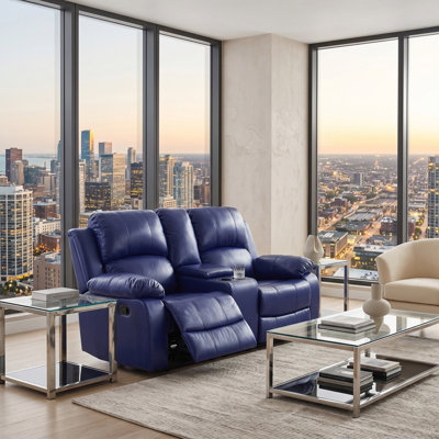 Dark Blue Vegan Leather Manual Recling Loveseat