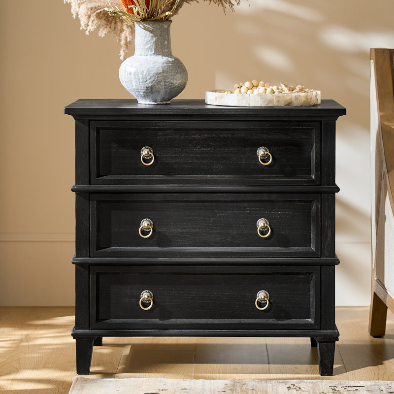 Allisa 28"W 3-Drawer Solid Wood End Table with Built-in Charging Station and Simple Assembly, Charcoal