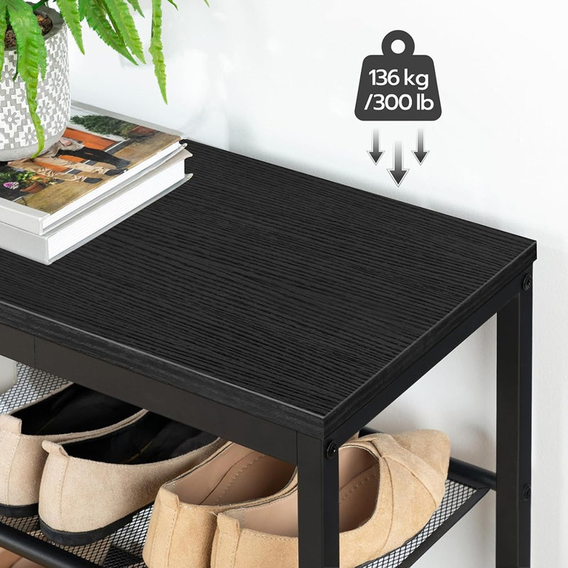 Banc de rangement à chaussures à 3 niveaux, organisateur de hall d'entrée industriel 29,5 po avec tablettes en filet, banc à chaussures pour couloir et salon, noir