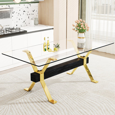 Table de travail moderne à domicile avec verre trempé et barre transversale en métal, grandes pattes dorées pour le bureau