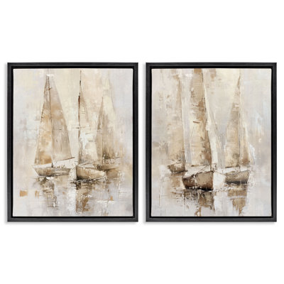 Neutral Toned Sailboats 2 PC Framed Floater Canvas Set by Nina Blue